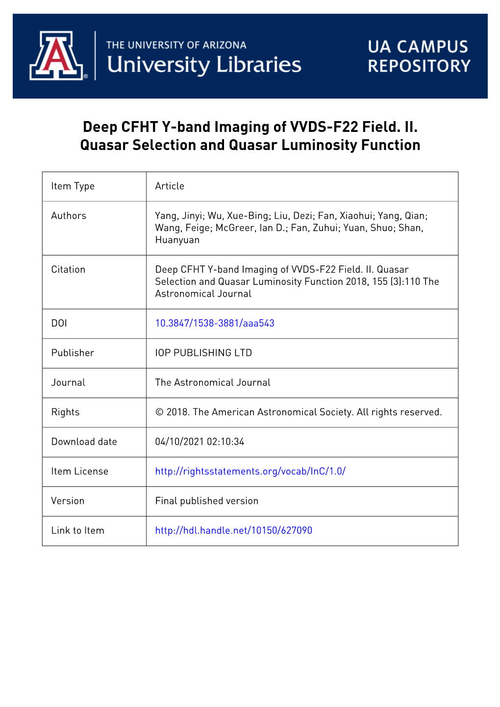 Deep CFHT Y-Band Imaging of VVDS-F22 Field. II. Quasar Selection and Quasar Luminosity Function