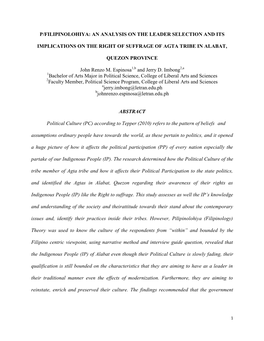P/Filipinolohiya: an Analysis on the Leader Selection and Its Implications on the Right of Suffrage of Agta Tribe in Alabat