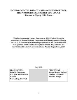ENVIRONMENTAL IMPACT ASSESSMENT REPORT for the PROPOSED NGONG HILL ECO-LODGE Situated at Ngong Hills Forest