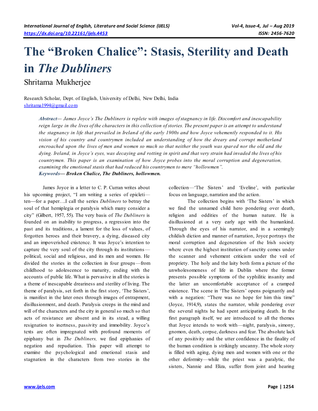 Broken Chalice”: Stasis, Sterility and Death in the Dubliners Shritama Mukherjee
