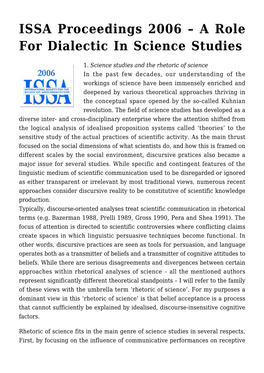 ISSA Proceedings 2006 – a Role for Dialectic in Science Studies