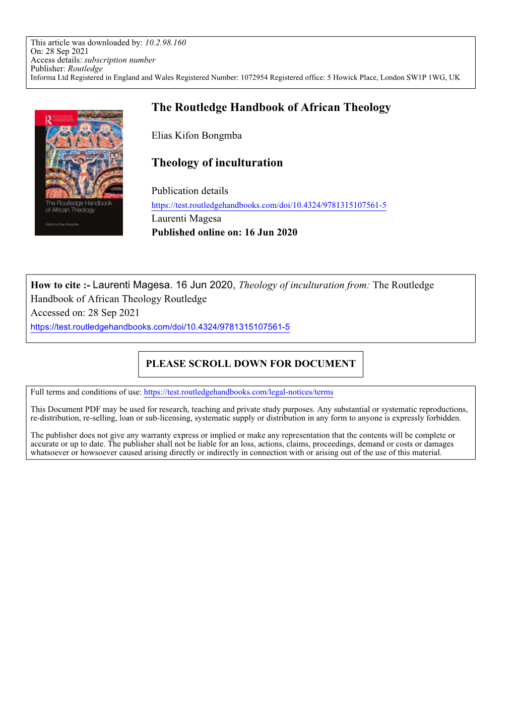 The Routledge Handbook of African Theology Theology of Inculturation