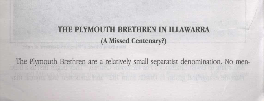 The Plymouth Brethren in Illawarra (A Missed Centenary?)