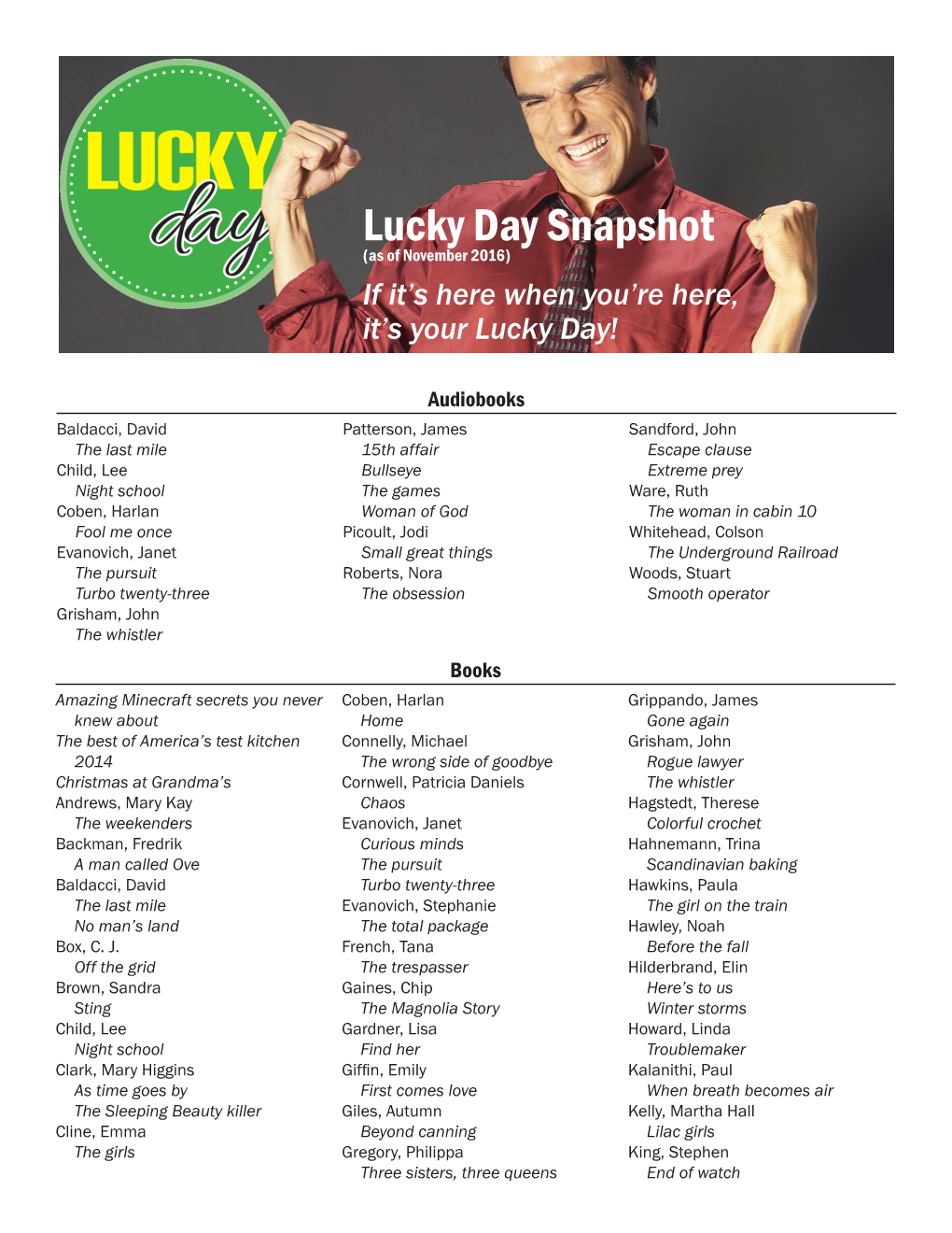 Lucky Day Snapshot (As of November 2016) If It’S Here When You’Re Here, It’S Your Lucky Day!