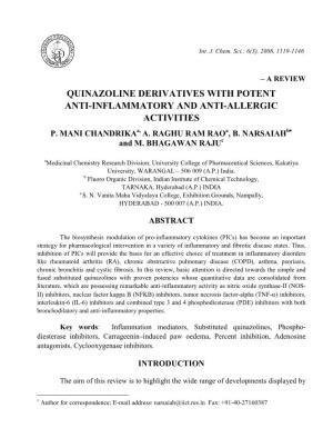 QUINAZOLINE DERIVATIVES with POTENT ANTI-INFLAMMATORY and ANTI-ALLERGIC ACTIVITIES A, a B∗∗∗ P