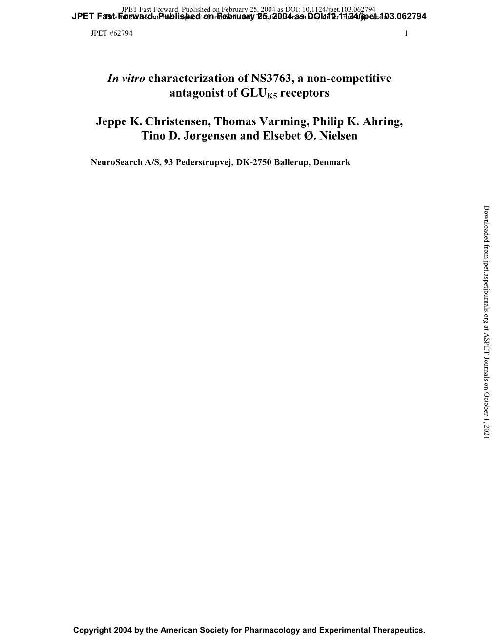 In Vitro Characterization of NS3763, a Non-Competitive Antagonist of GLUK5 Receptors