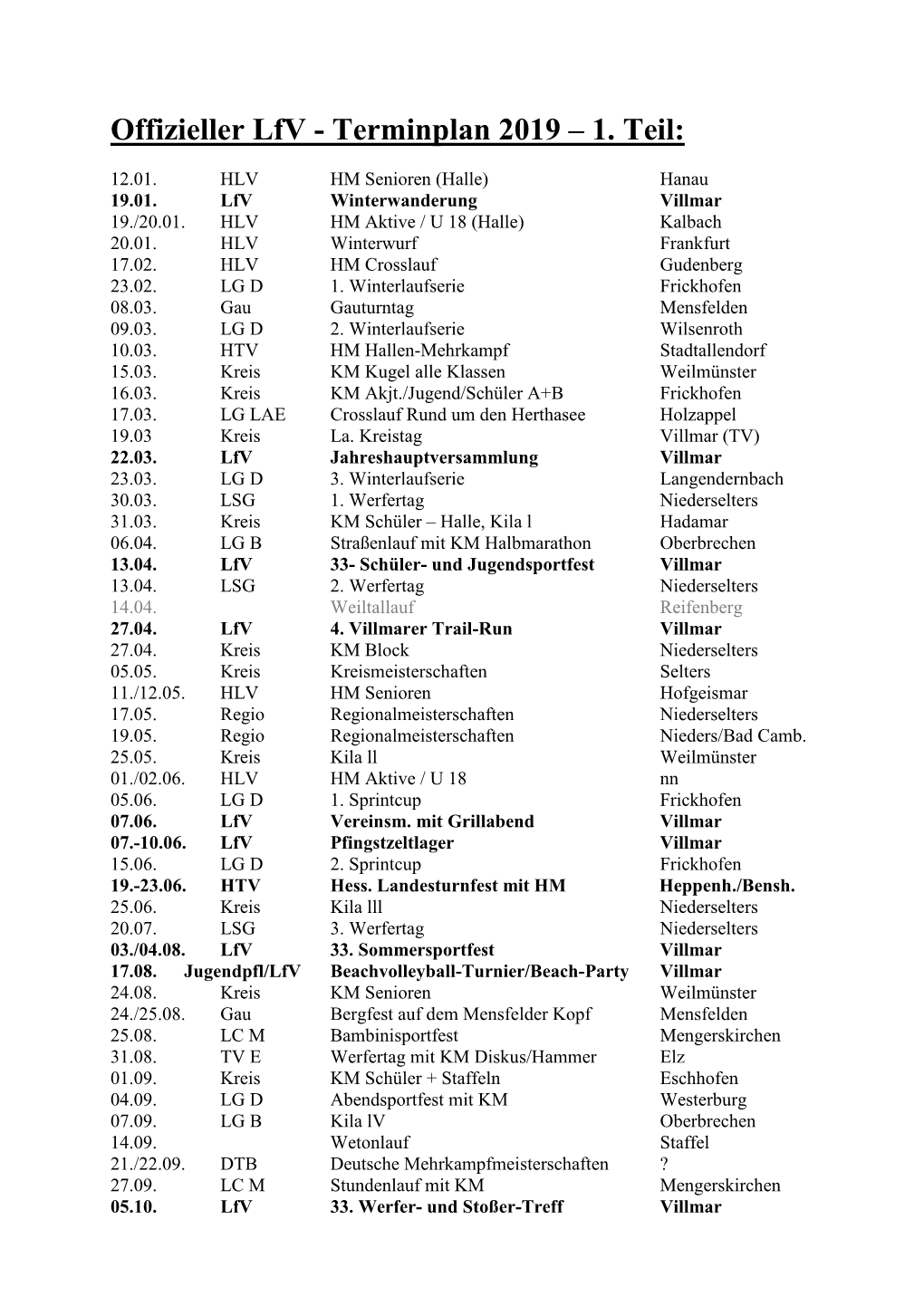 Offizieller Lfv - Terminplan 2019 – 1