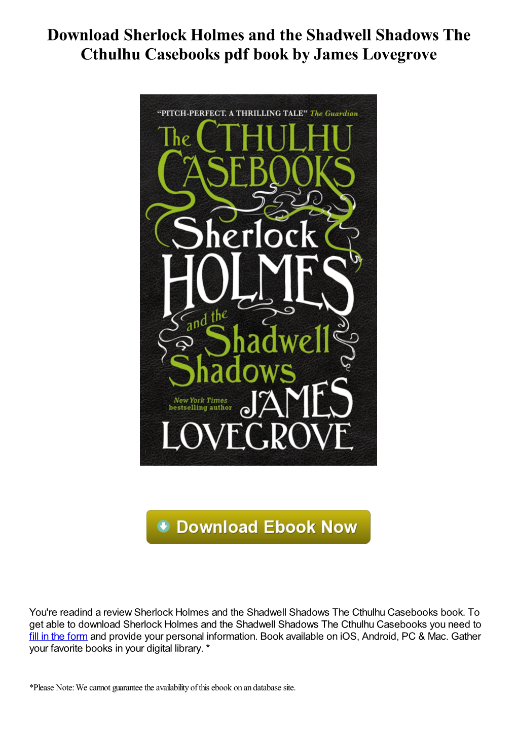 Download Sherlock Holmes and the Shadwell Shadows the Cthulhu Casebooks Pdf Book by James Lovegrove