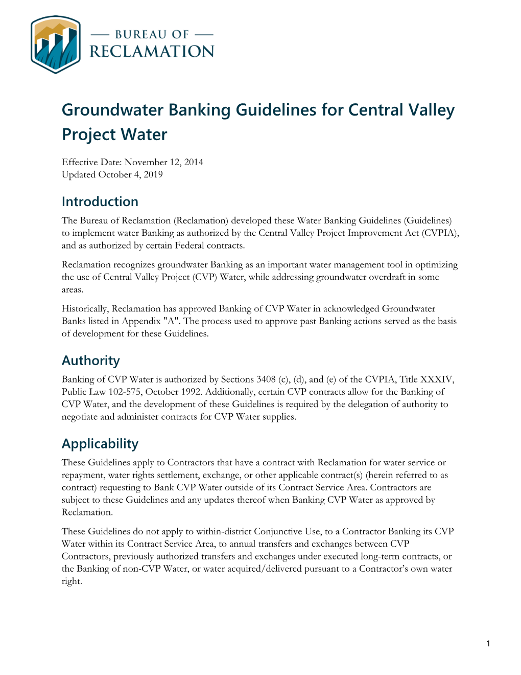 Groundwater Banking Guidelines for Central Valley Project Water