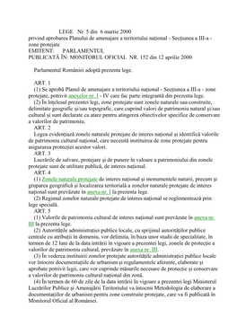 LEGE Nr. 5 Din 6 Martie 2000 Privind Aprobarea Planului De Amenajare A