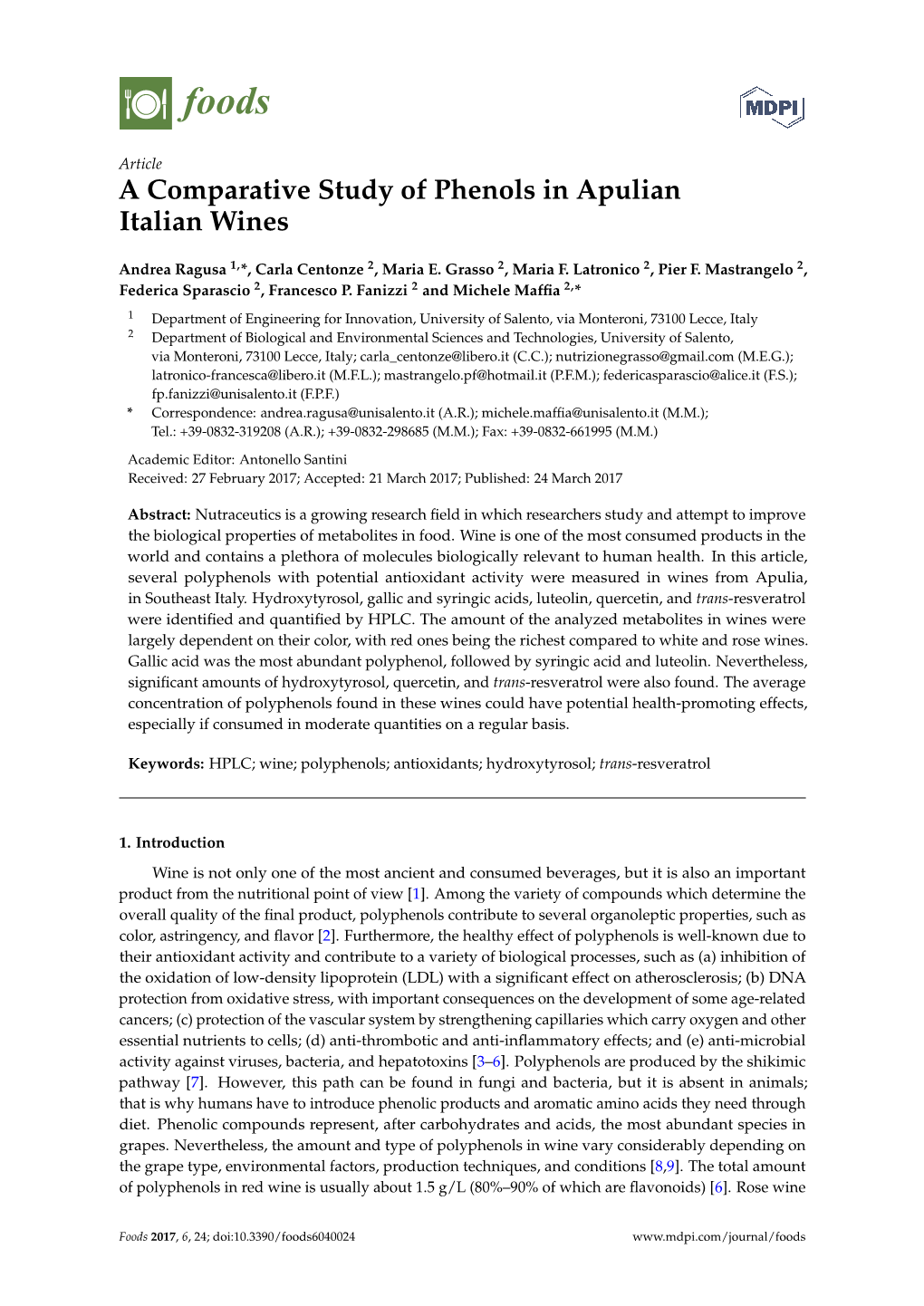 A Comparative Study of Phenols in Apulian Italian Wines