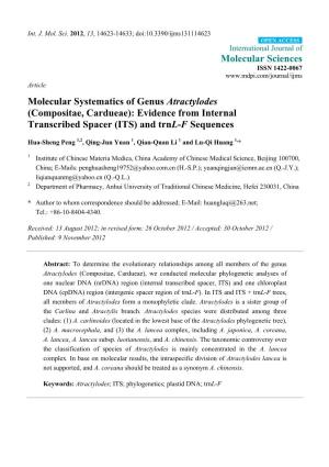 Molecular Systematics of Genus Atractylodes (Compositae, Cardueae): Evidence from Internal Transcribed Spacer (ITS) and Trnl-F Sequences