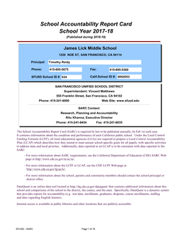 School Accountability Report Card School Year 2017-18 (Published During 2018-19)
