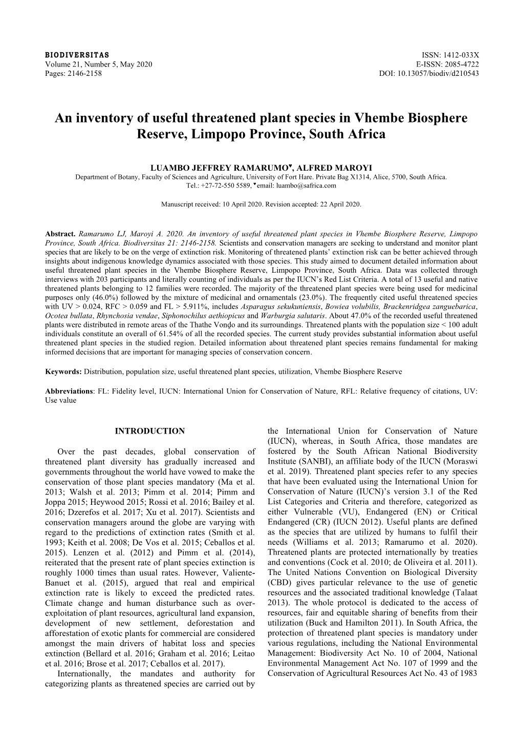 An Inventory of Useful Threatened Plant Species in Vhembe Biosphere Reserve, Limpopo Province, South Africa