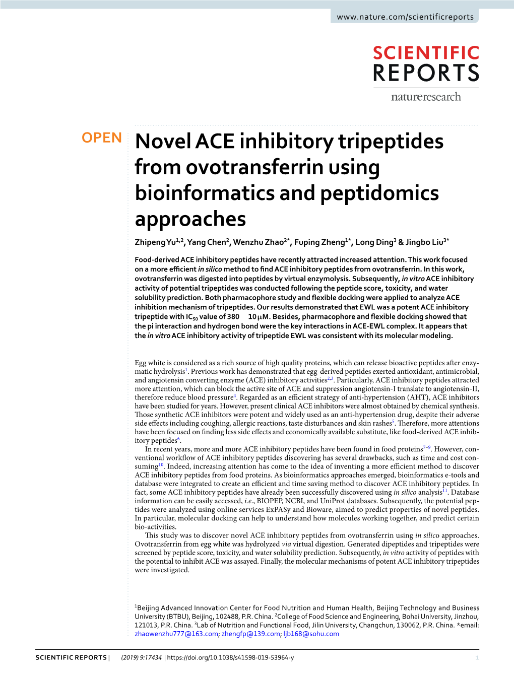 Novel ACE Inhibitory Tripeptides from Ovotransferrin Using Bioinformatics