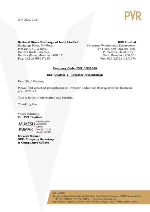 Mukesh Kumar SVP- Company Secretary & Compliance Officer INVESTOR UPDATE Q1, FY 22
