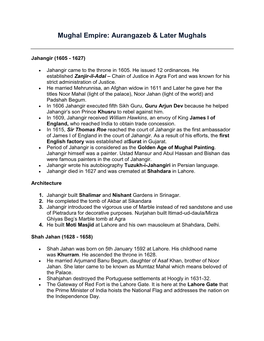 Mughal Empire: Aurangazeb & Later Mughals