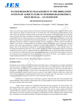 Water Resources Management in the Irrigation System of Agriculture in Murshidabad District, West Bengal – an Overview