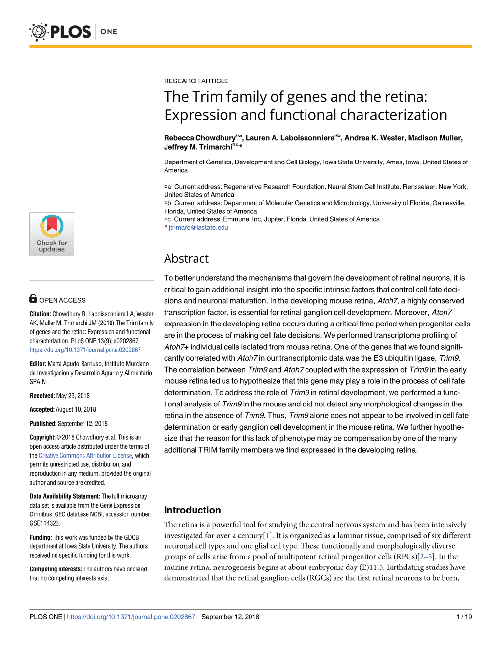 The Trim Family of Genes and the Retina: Expression and Functional Characterization