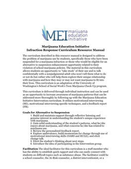 Marijuana Education Initiative Infraction Response Curriculum Resource Manual