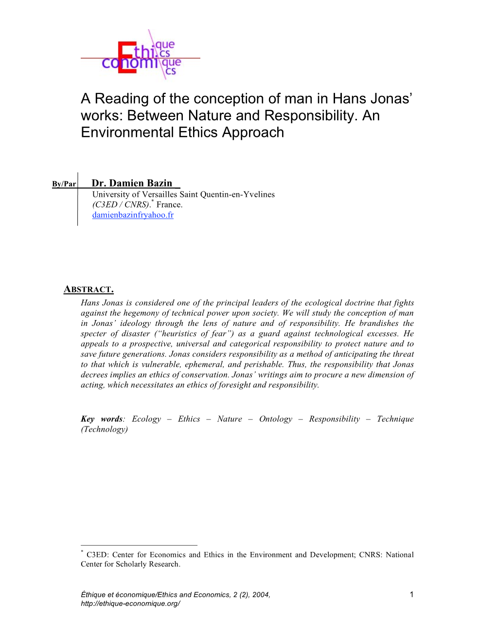 A Reading of the Conception of Man in Hans Jonas' Works