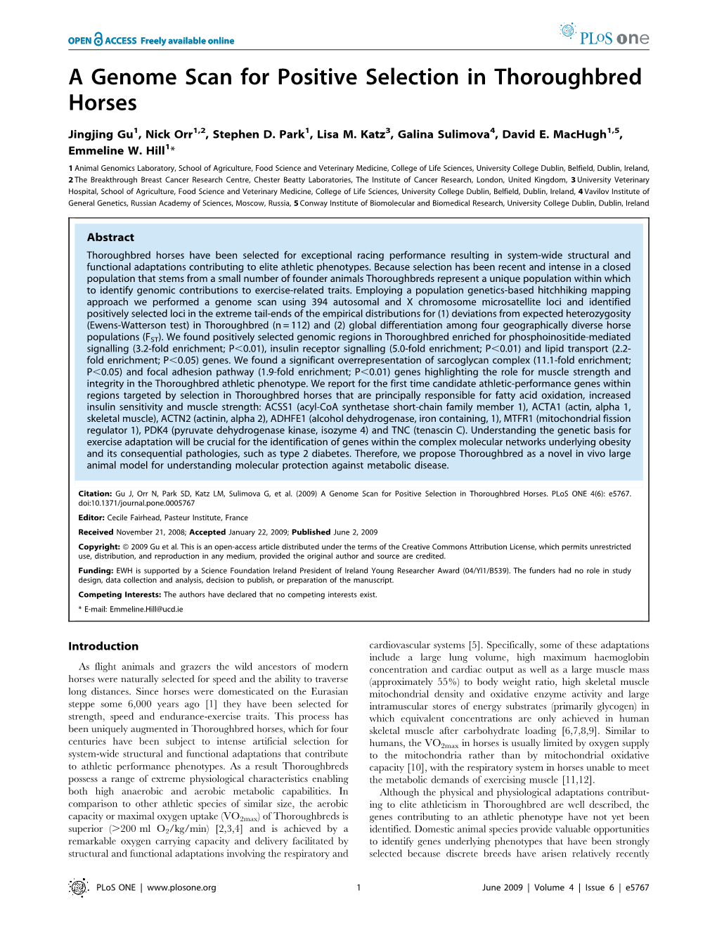 A Genome Scan for Positive Selection in Thoroughbred Horses