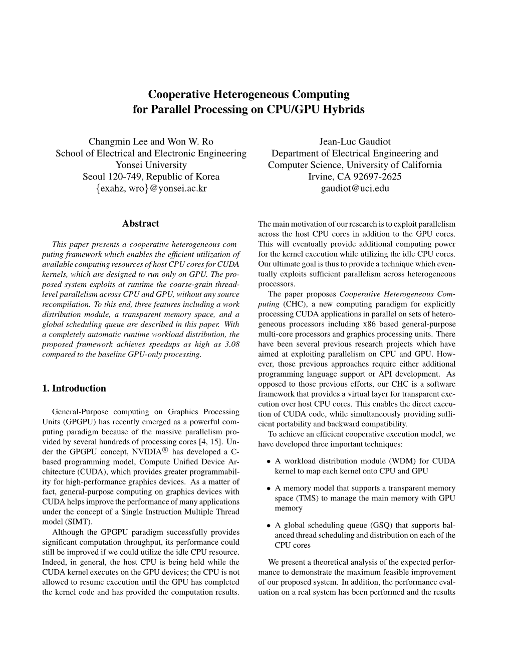 Cooperative Heterogeneous Computing for Parallel Processing on CPU/GPU Hybrids