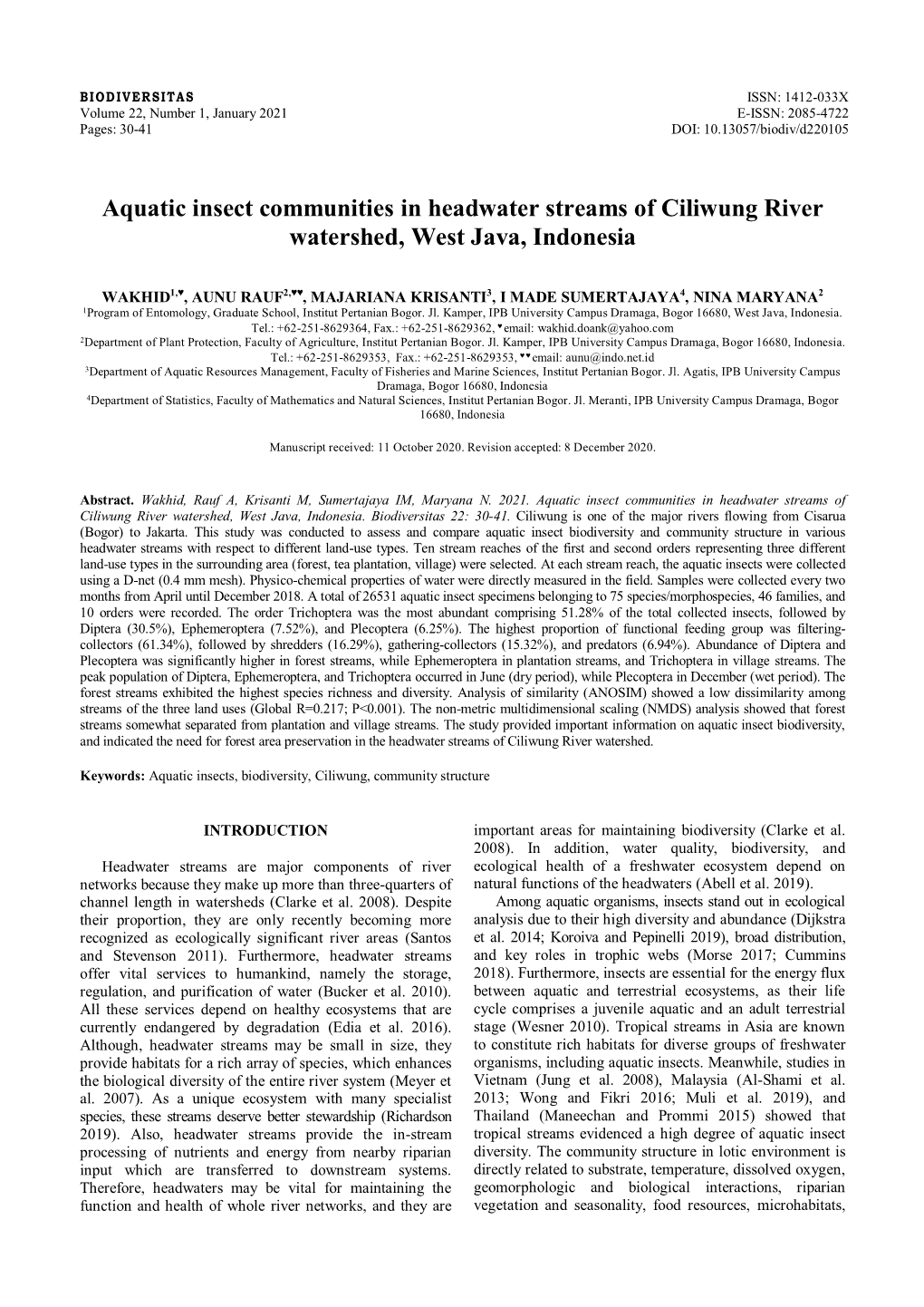 Aquatic Insect Communities in Headwater Streams of Ciliwung River Watershed, West Java, Indonesia