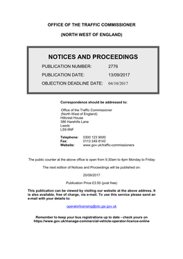 Notices and Proceedings 2776: Office of the Traffic Commissioner, North