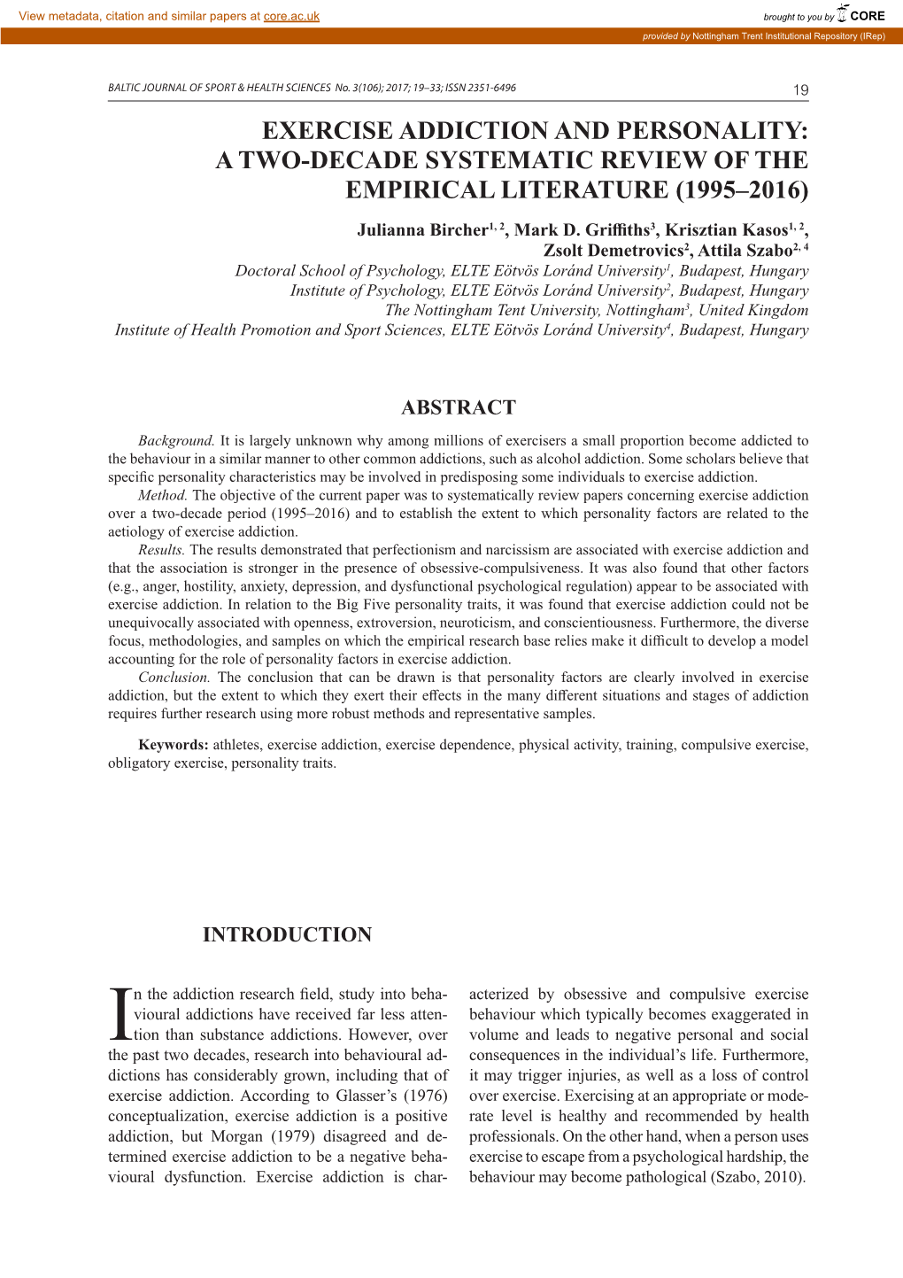 Exercise Addiction and Personality: a Two-Decade Systematic Review of the Empirical Literature (1995–2016) 21