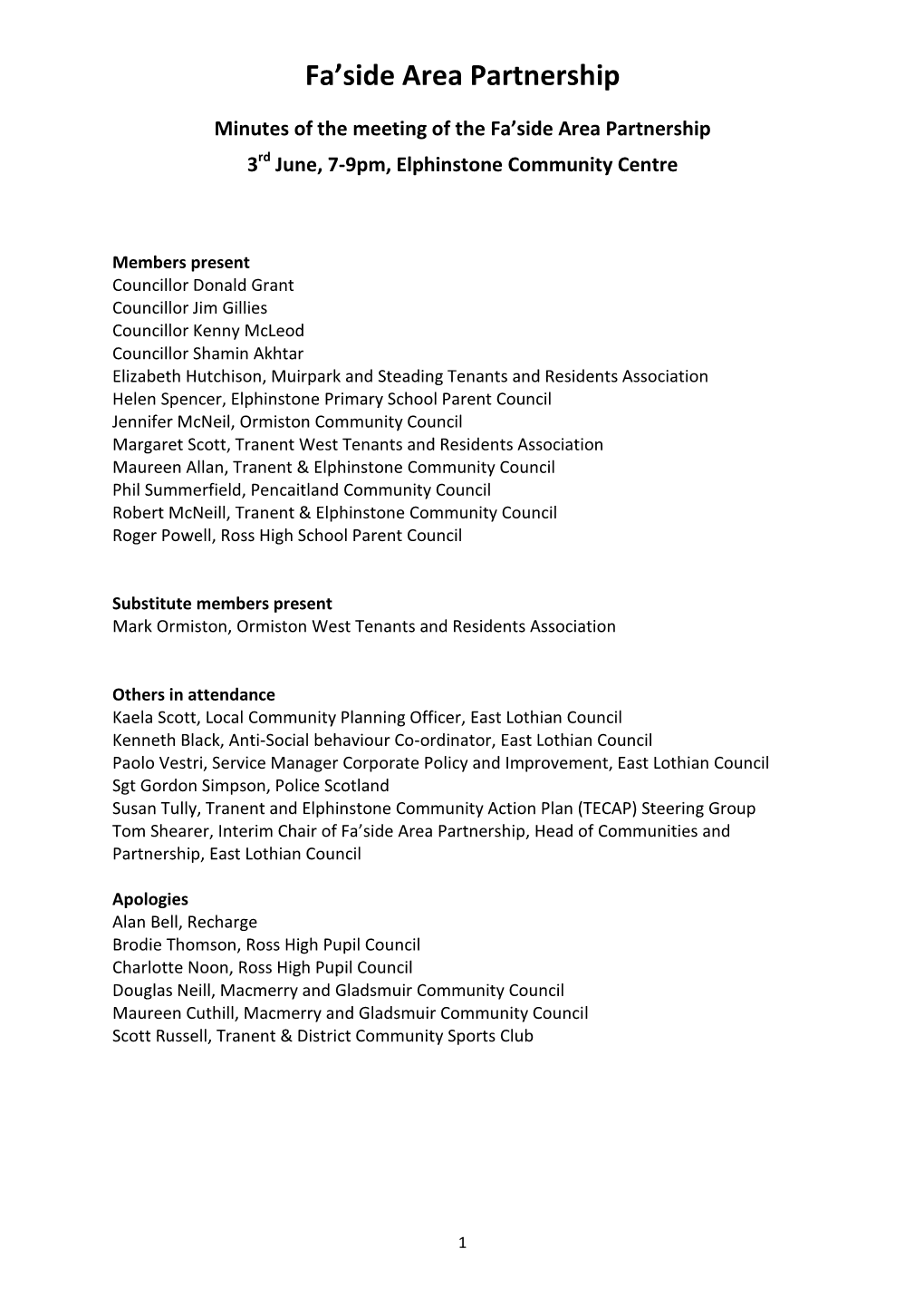 Minutes of the Meeting of the Fa’Side Area Partnership 3Rd June, 7-9Pm, Elphinstone Community Centre