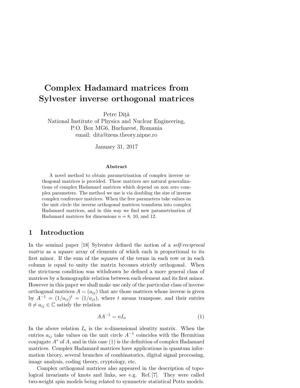Complex Hadamard Matrices from Sylvester Inverse Orthogonal Matrices