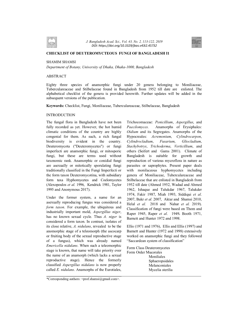 Checklist of Deuteromycteous Fungi of Bangladesh I1