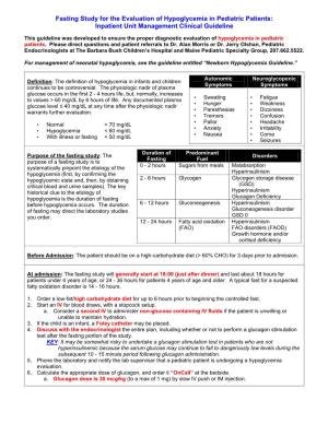 Fasting Study for the Evaluation of Hypoglycemia in Pediatric Patients: Inpatient Unit Management Clinical Guideline