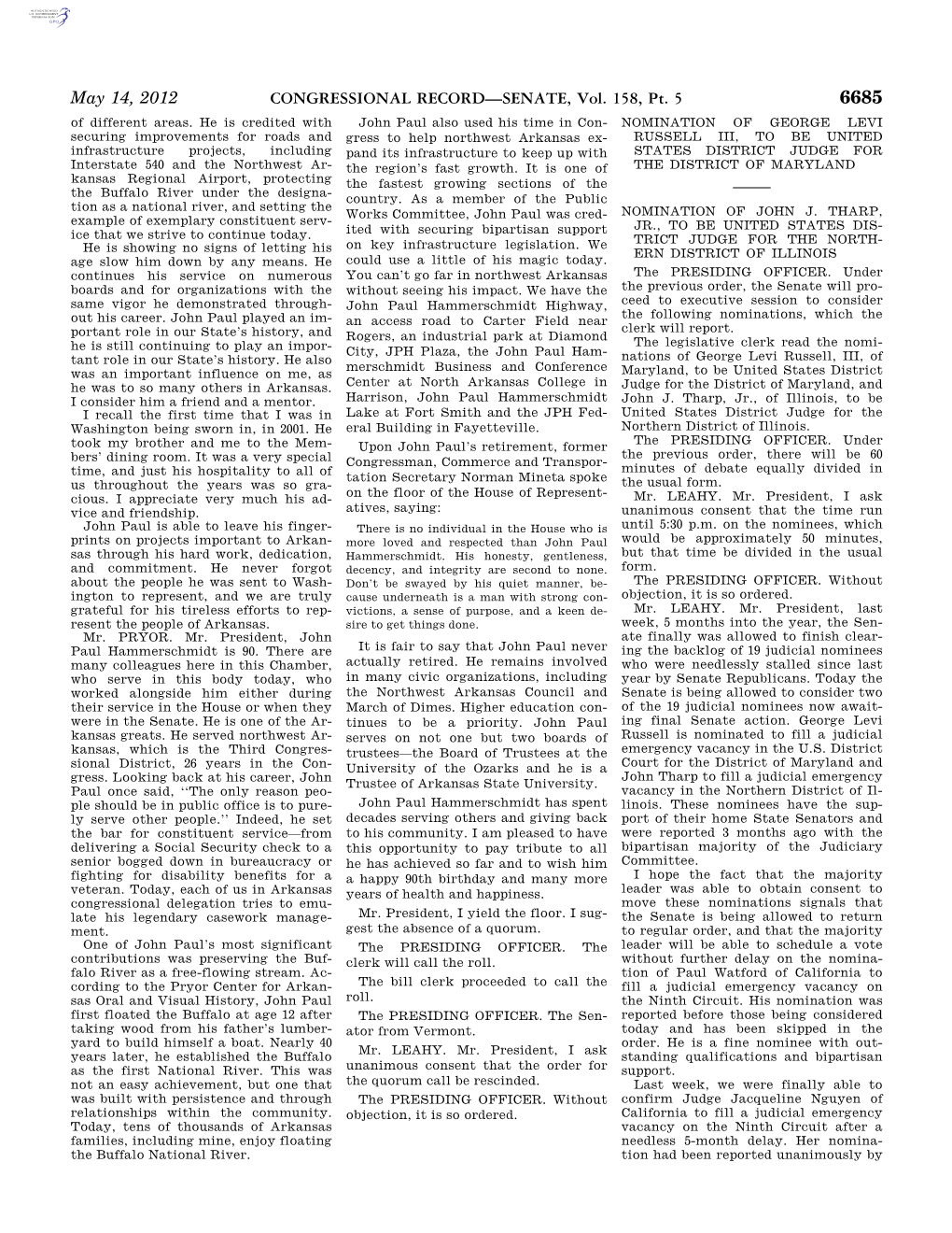 CONGRESSIONAL RECORD—SENATE, Vol. 158, Pt. 5 May 14