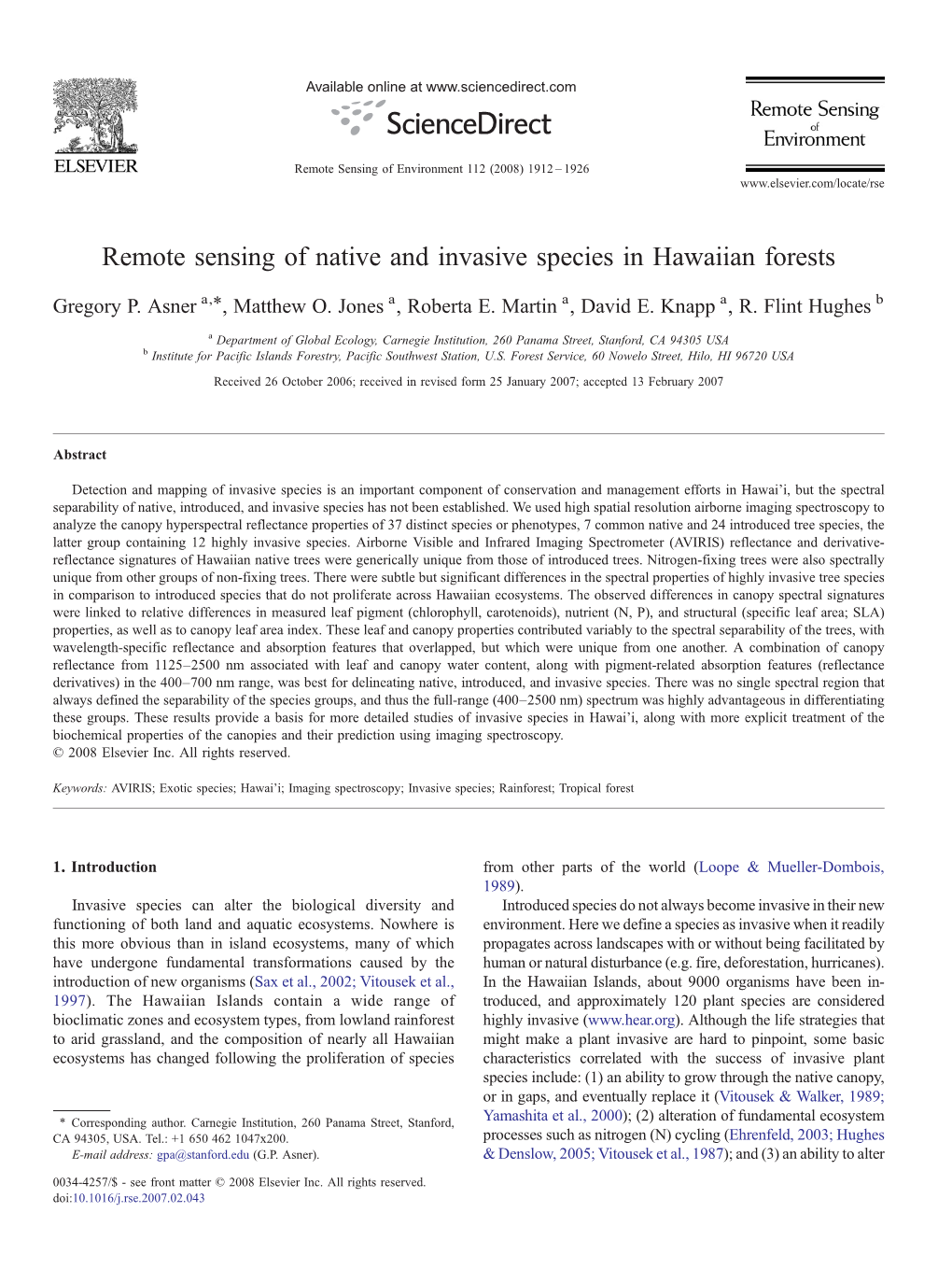Remote Sensing of Native and Invasive Species in Hawaiian Forests ⁎ Gregory P