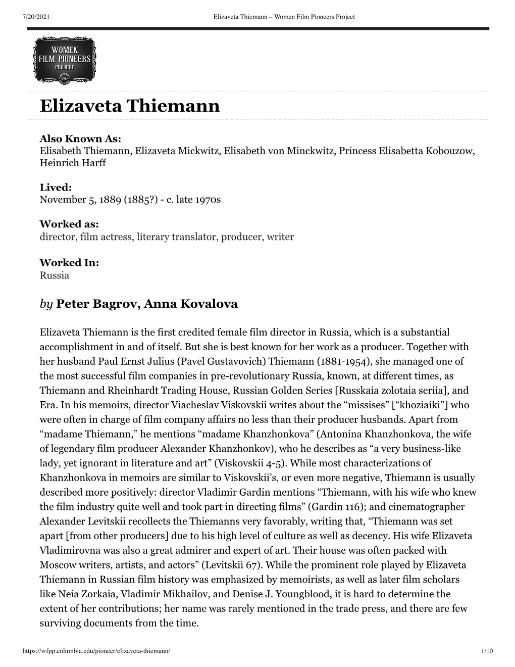 Elizaveta Thiemann – Women Film Pioneers Project