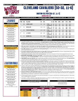 Cavaliers Game Notes Follow @Cavsnotes on Twitter Conference Finals - Game 7 Overall Playoff Game # 18 Road Game # 9