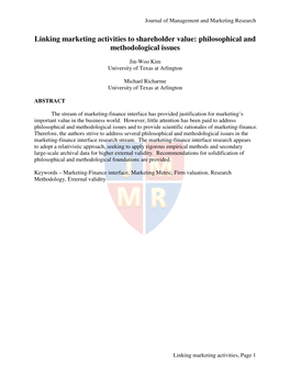 Linking Marketing Activities to Shareholder Value: Philosophical and Methodological Issues