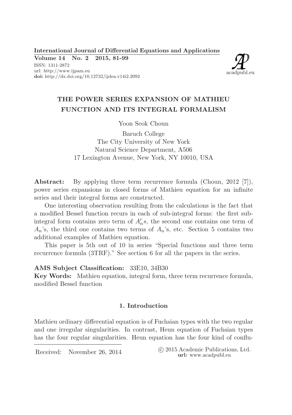 The Power Series Expansion of Mathieu Function and Its Integral Formalism