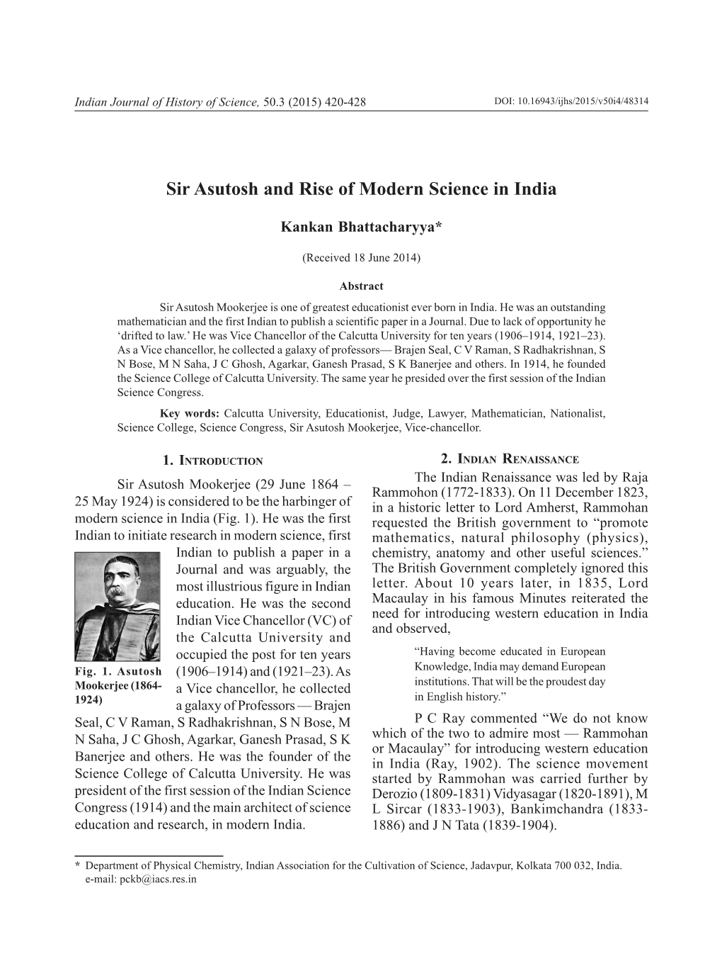 Sir Asutosh and Rise of Modern Science in India