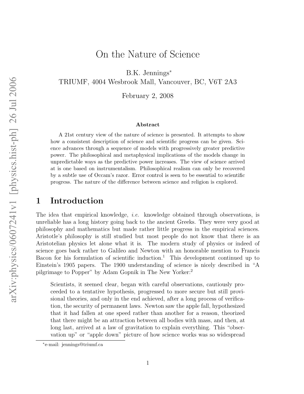[Physics.Hist-Ph] 26 Jul 2006 on the Nature of Science