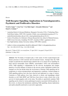 Trkb Receptor Signalling: Implications in Neurodegenerative, Psychiatric and Proliferative Disorders