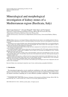 Mineralogical and Morphological Investigation of Kidney Stones of a Mediterranean Region (Basilicata, Italy)