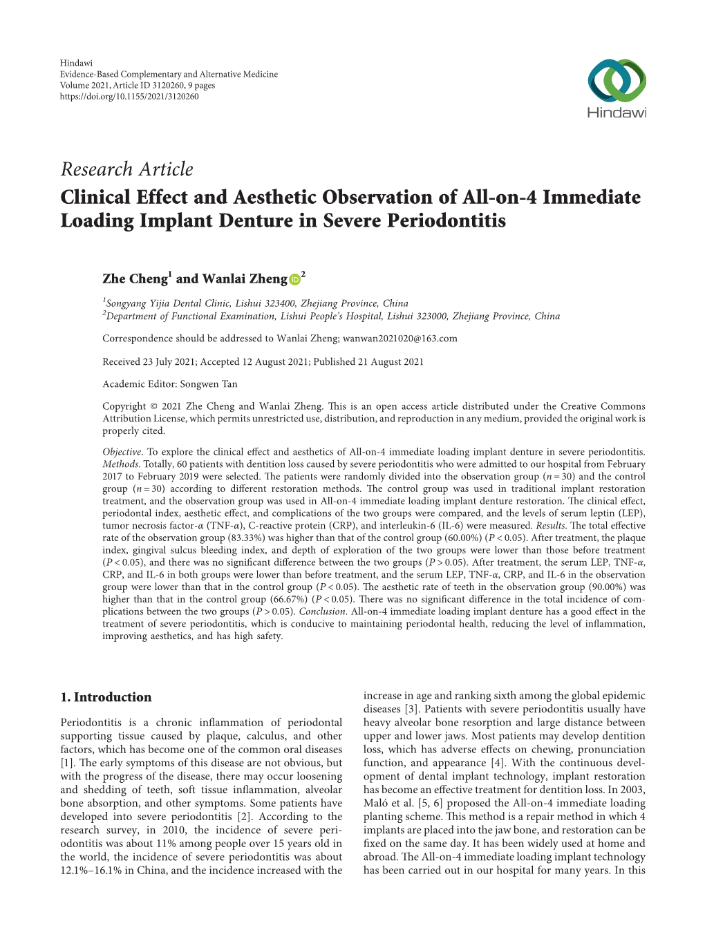 Clinical Effect and Aesthetic Observation of All-On-4 Immediate Loading Implant Denture in Severe Periodontitis