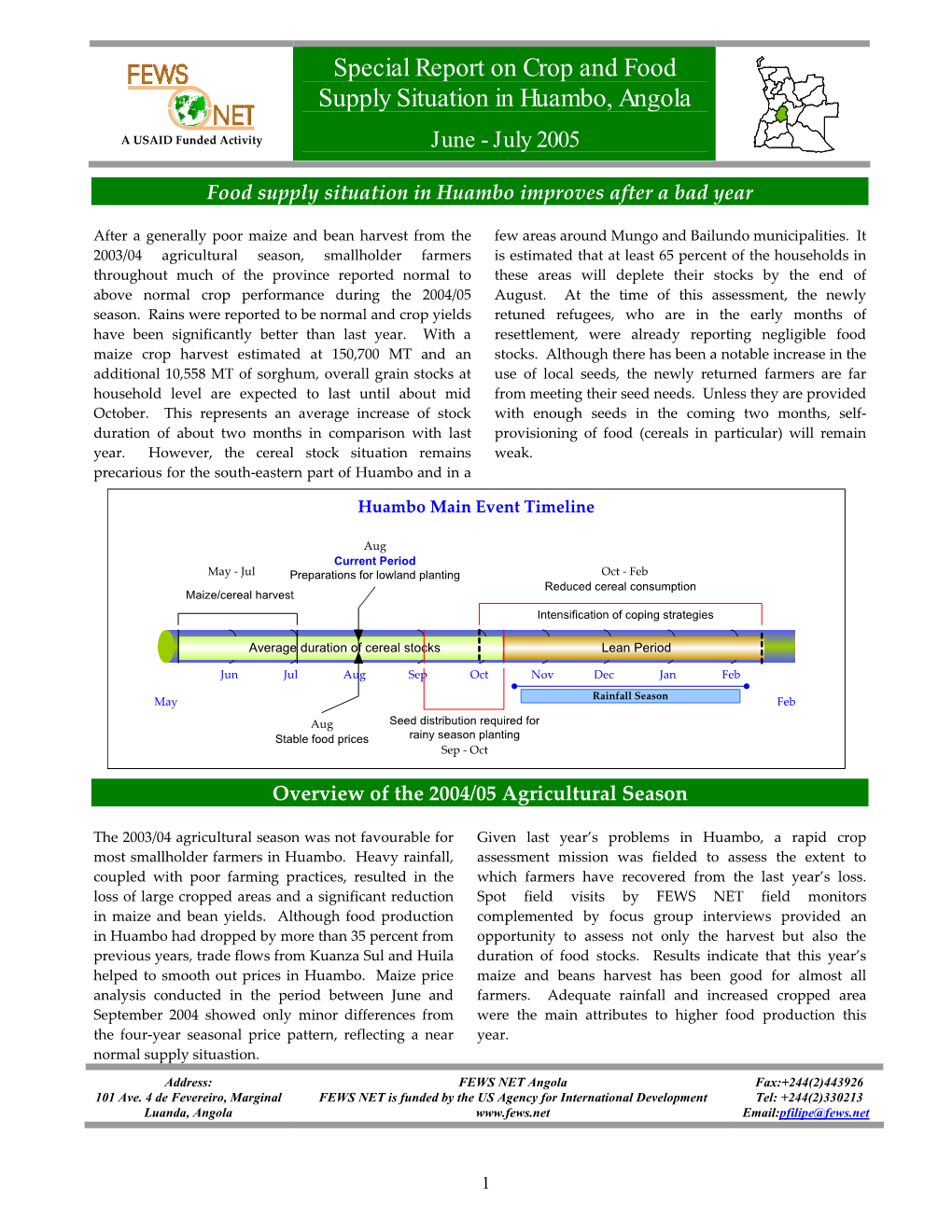 Special Report on Crop and Food Supply Situation in Huambo, Angola