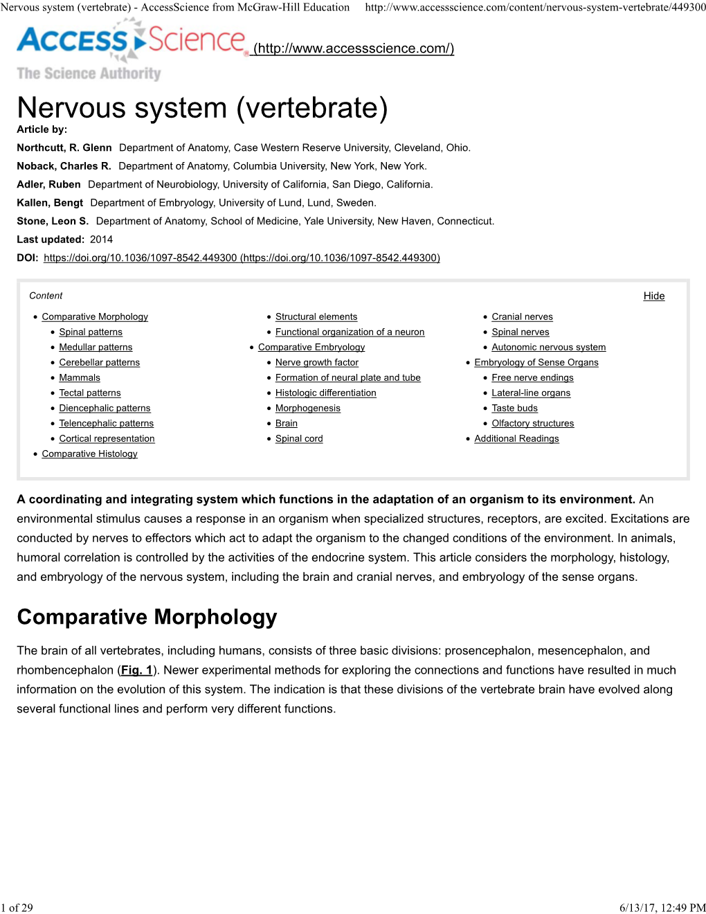 Nervous System (Vertebrate) - Accessscience from Mcgraw-Hill Education
