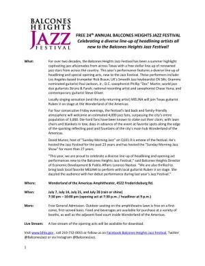 FREE 24Th ANNUAL BALCONES HEIGHTS JAZZ FESTIVAL Celebrating a Diverse Line-Up of Headlining Artists All New to the Balcones Heights Jazz Festival!