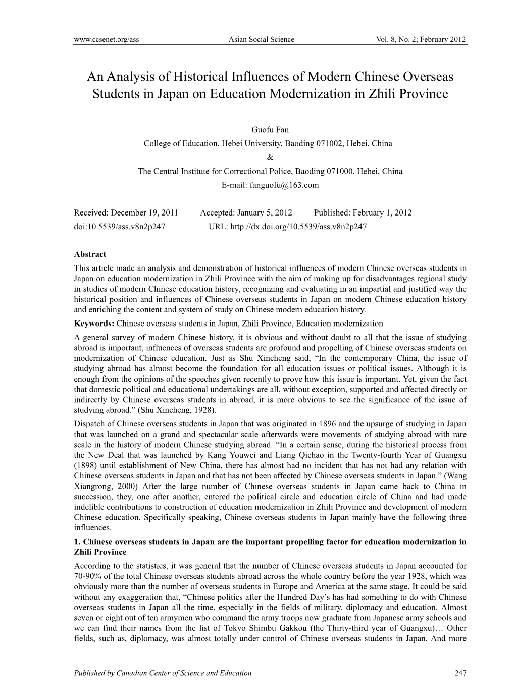 An Analysis of Historical Influences of Modern Chinese Overseas Students in Japan on Education Modernization in Zhili Province