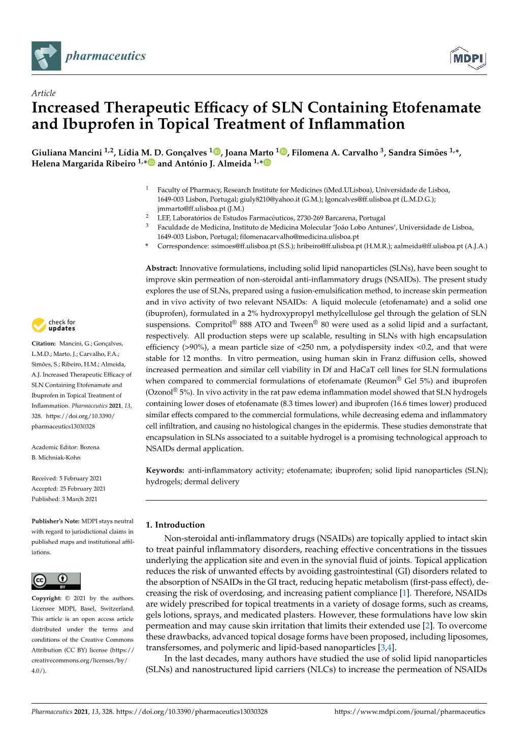 Increased Therapeutic Efficacy of SLN Containing Etofenamate and Ibuprofen in Topical Treatment of Inflammation